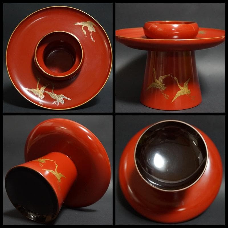 明治期 輪島塗 極上 金蒔絵『飛鶴』 盃台/三ツ組盃 揃 木製漆塗り 箱付