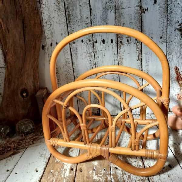 70-80s ヴィンテージ ラタン マガジンラック ブックスタンド 籐 本立て