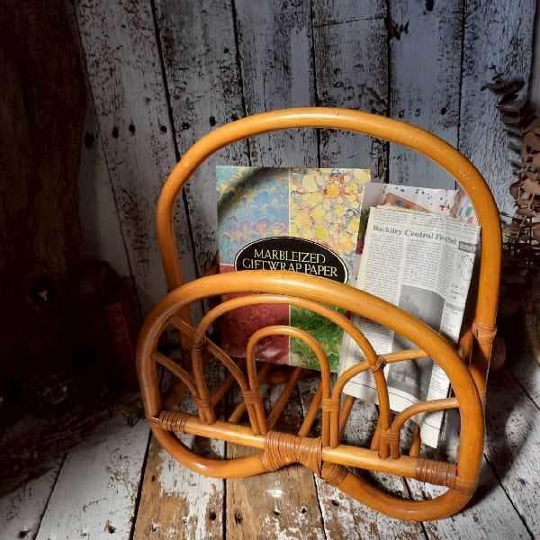 70-80s ヴィンテージ ラタン マガジンラック ブックスタンド 籐 本立て