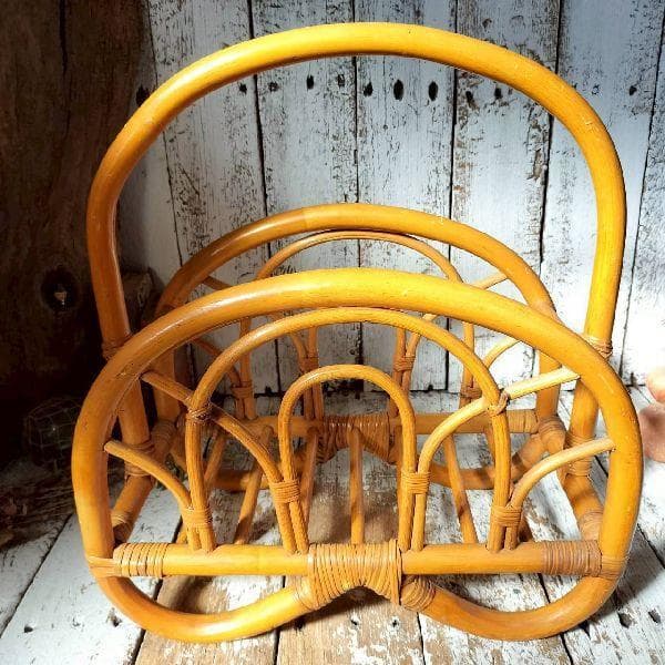 70-80s ヴィンテージ ラタン マガジンラック ブックスタンド 籐 本立て