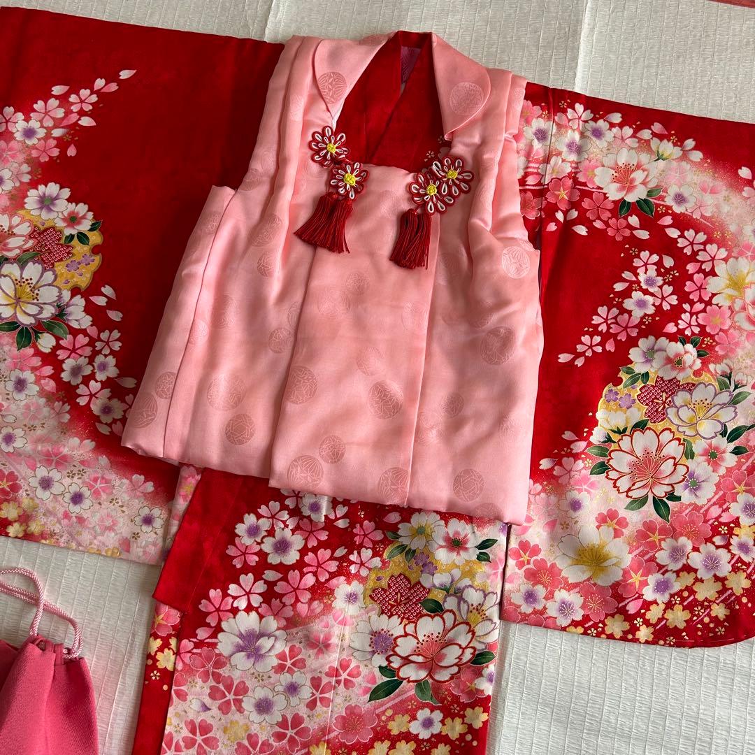 七五三 3歳 着物 被布 絹 三歳 赤 ピンク 753 巾着 女の子着物 子供