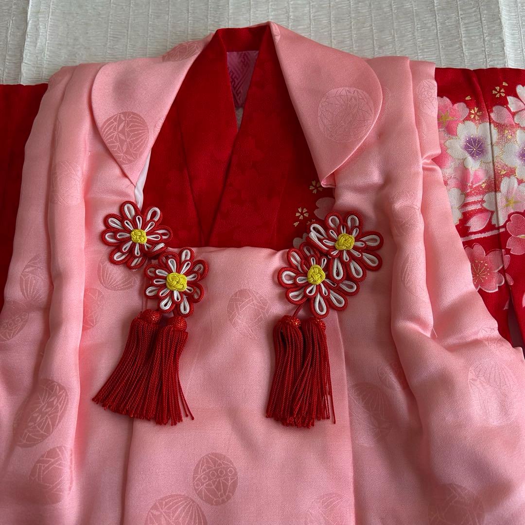 七五三 3歳 着物 被布 絹 三歳 赤 ピンク 753 巾着 女の子着物 子供