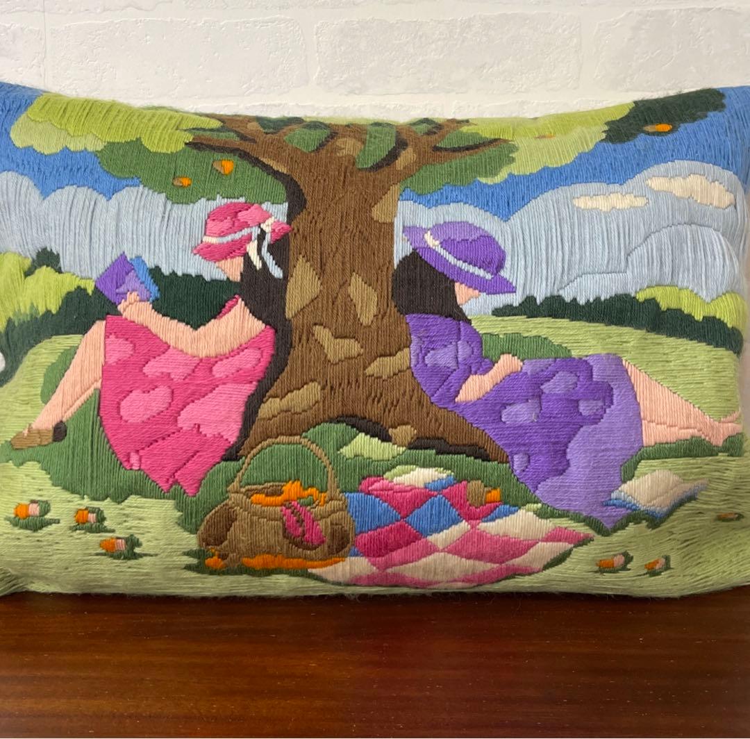 クッションカバー フランス刺繍ヴィンテージ 刺繍のリメイク 手刺繍カバー