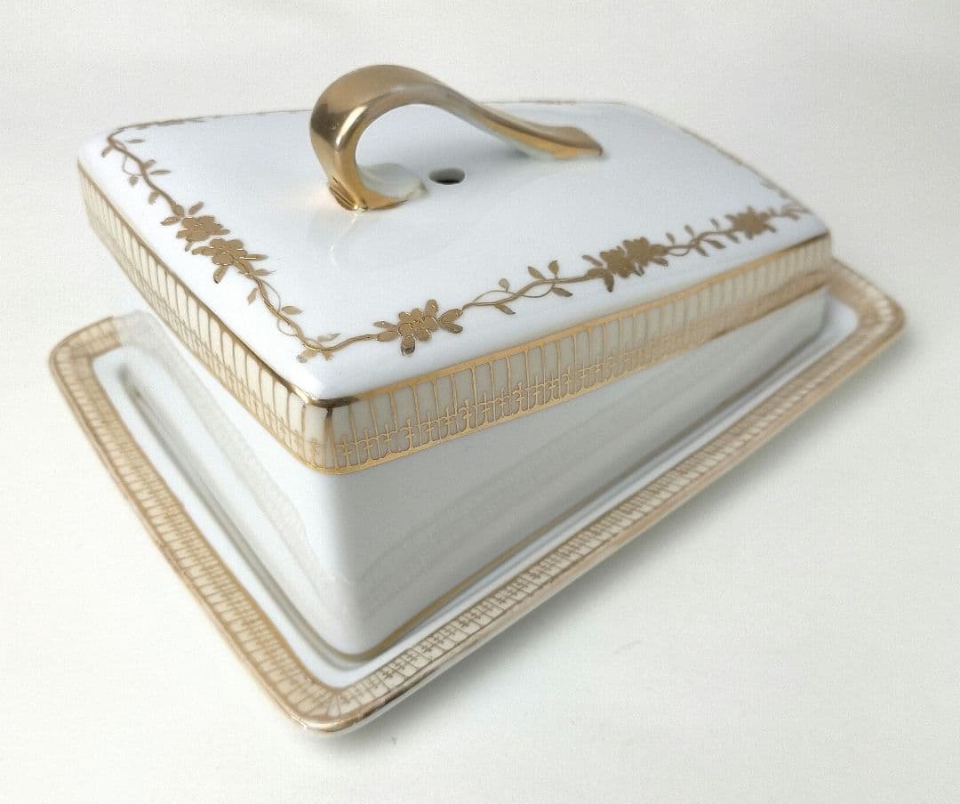 オールドノリタケ 金彩点盛り上げ 花絵 蓋付チーズトレイ