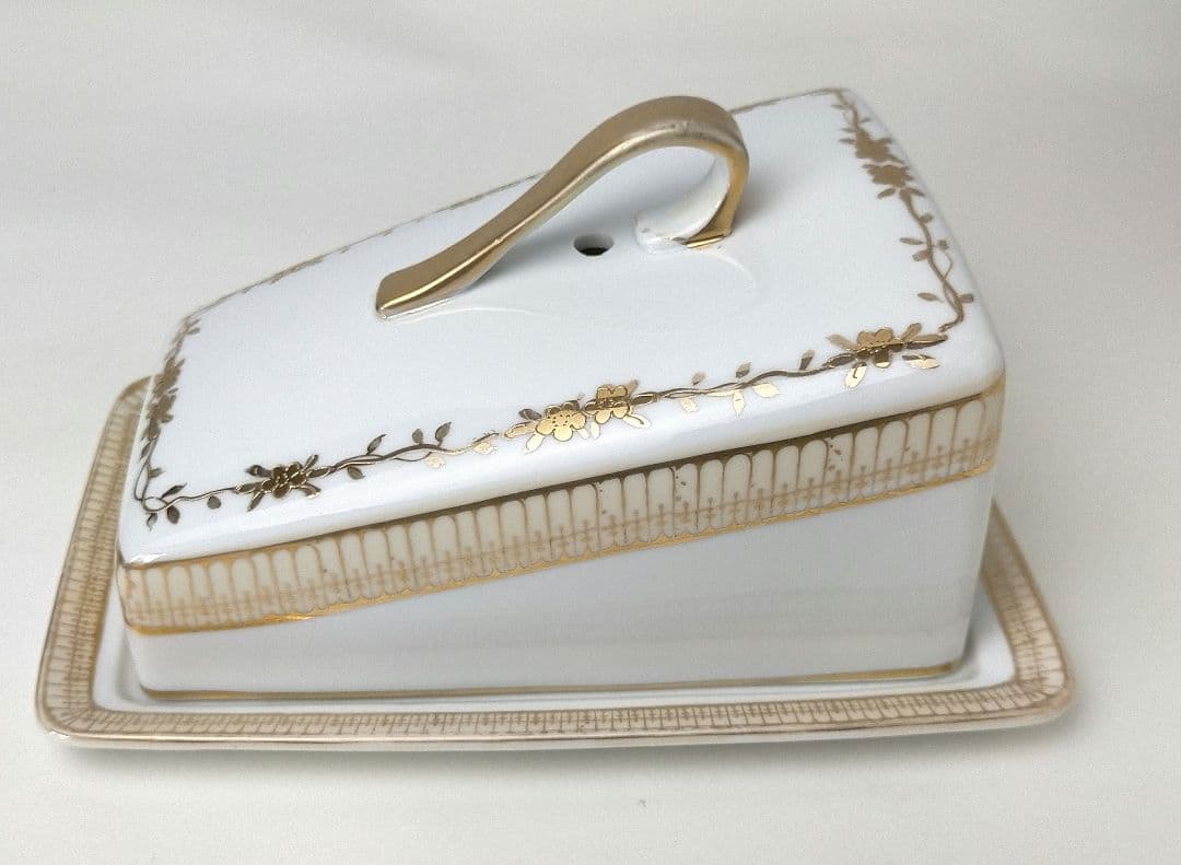 オールドノリタケ 金彩点盛り上げ 花絵 蓋付チーズトレイ