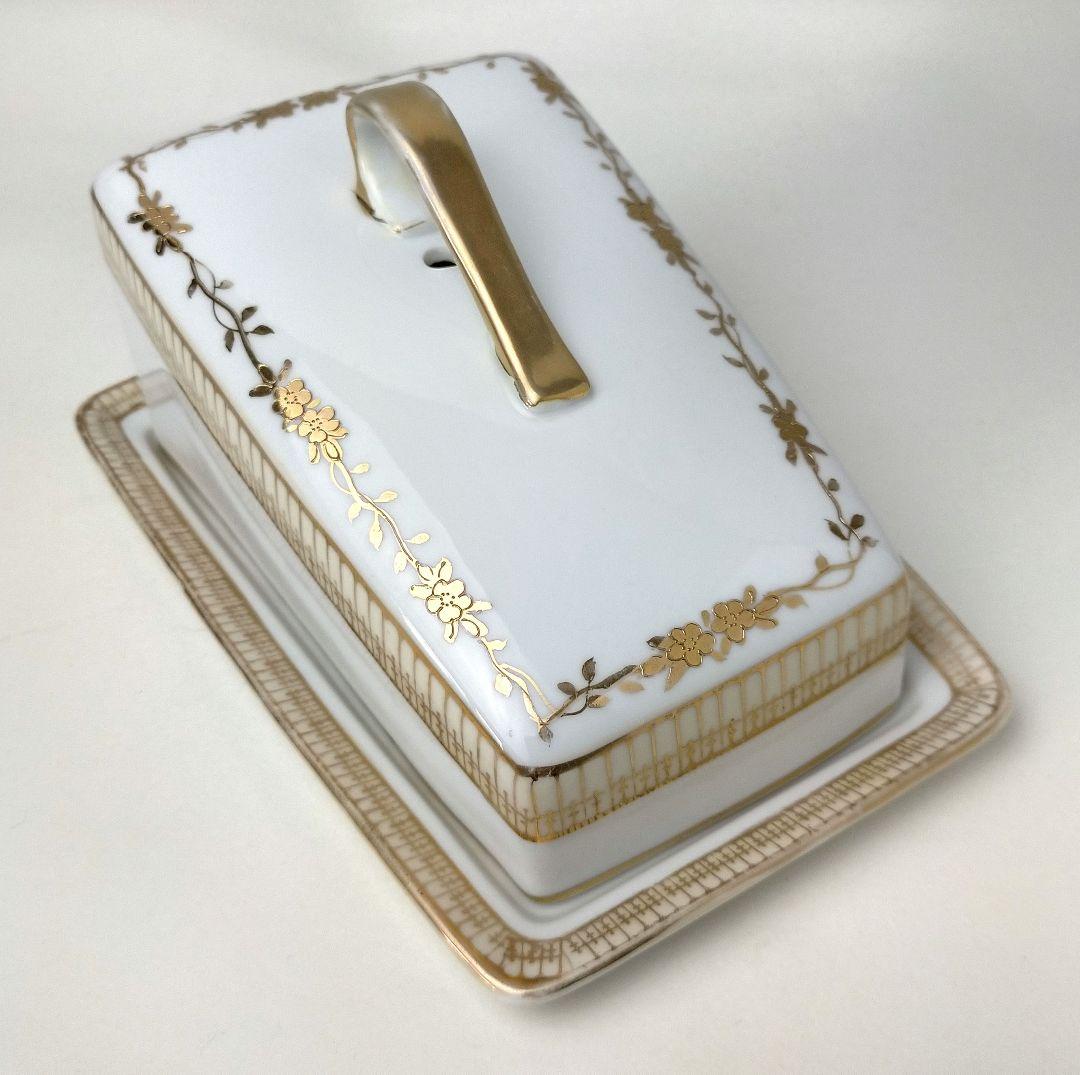 オールドノリタケ 金彩点盛り上げ 花絵 蓋付チーズトレイ