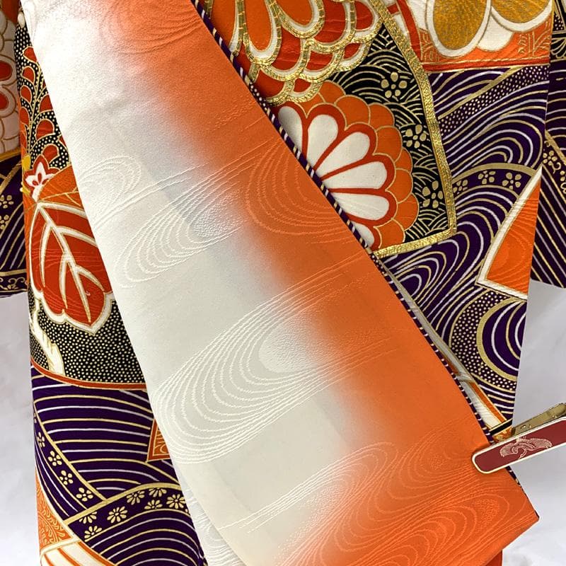 505ag58□七五三 七歳 女児 着物&袋帯 金駒刺繍 青海波 扇 菊□良好