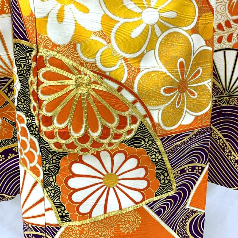 505ag58□七五三 七歳 女児 着物&袋帯 金駒刺繍 青海波 扇 菊□良好