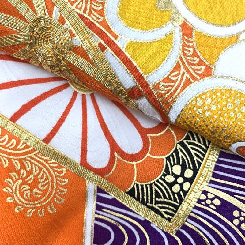 505ag58□七五三 七歳 女児 着物&袋帯 金駒刺繍 青海波 扇 菊□良好