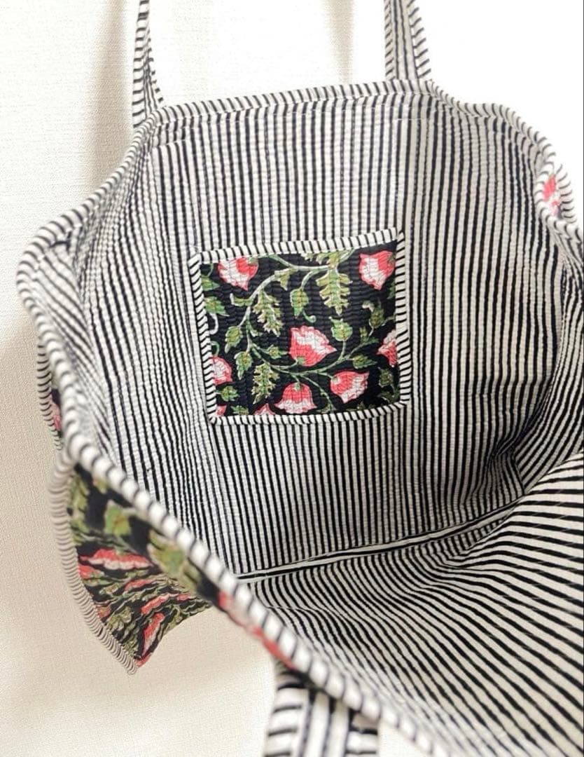 花柄ストライプトートバッグ キルティング ブロックプリント