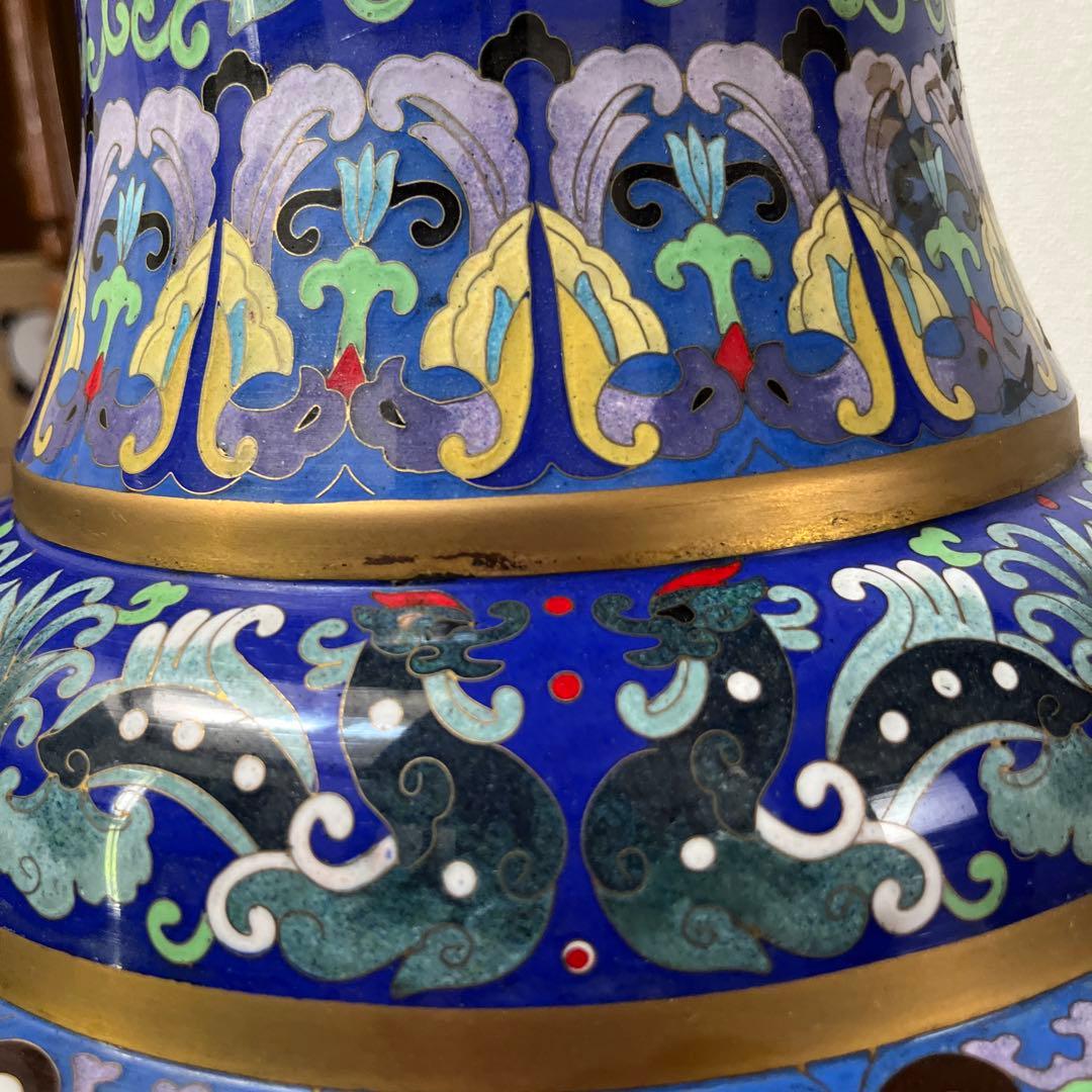 青色波模様ドラゴン陶器フラワーベース