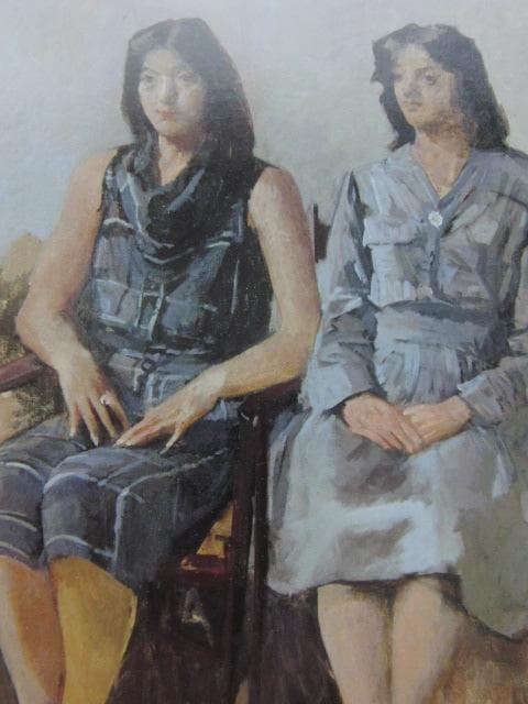 小磯良平、【腰かける二人】、希少な大判額装用画集より、美品