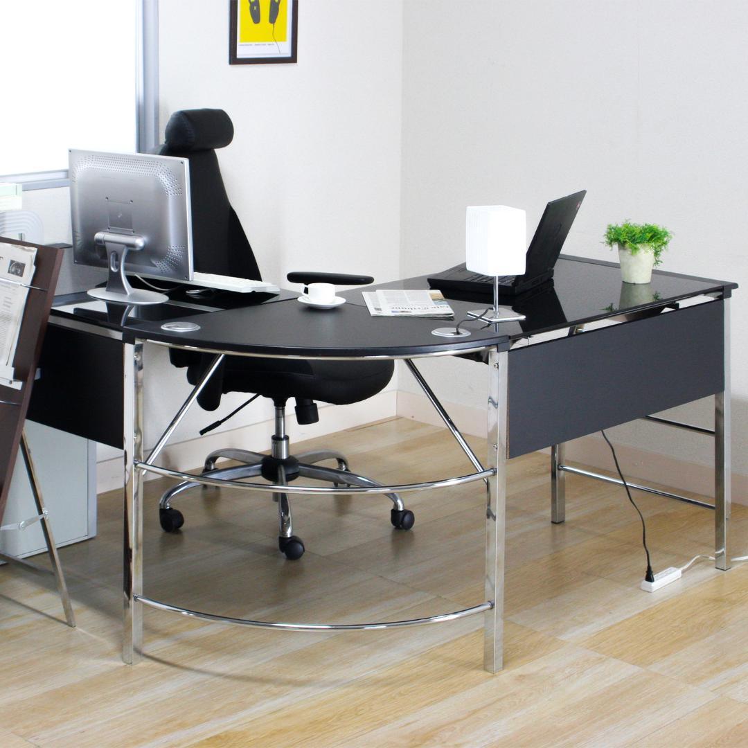 L型ガラス天板PCワークデスク ブラック W156
