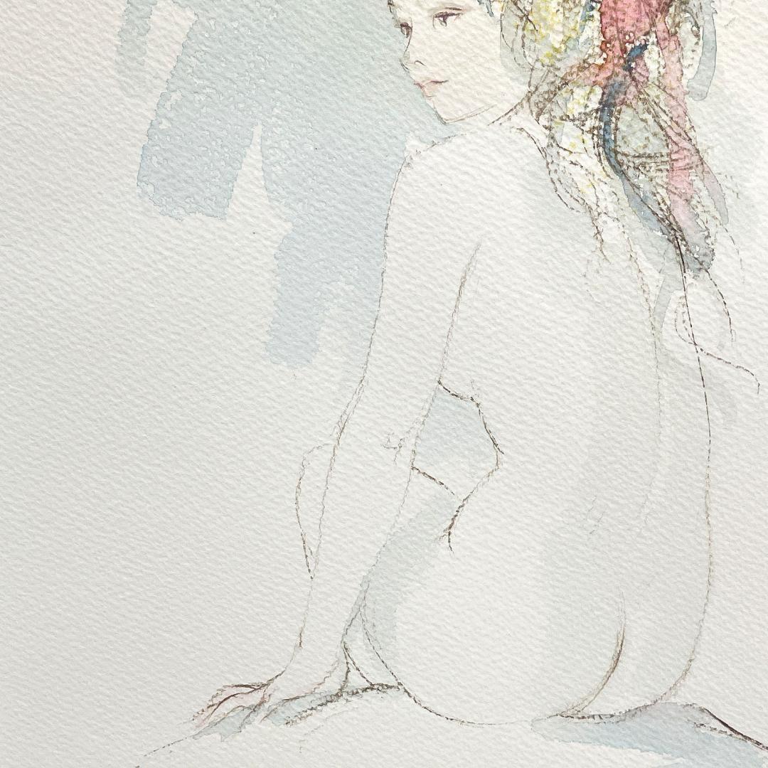 1月末迄出品【真作】進徹　赤いリボンの裸婦　水彩、パステル画