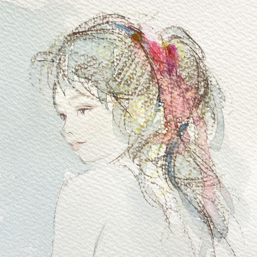 1月末迄出品【真作】進徹　赤いリボンの裸婦　水彩、パステル画