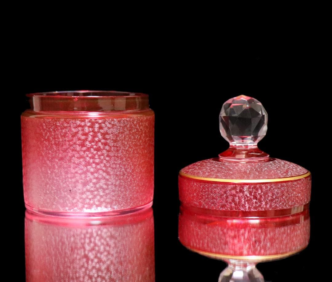 オールド・バカラ 最高級珍品 希少色 青海波模様 金彩 赤色被せ 蓋物 春海好み