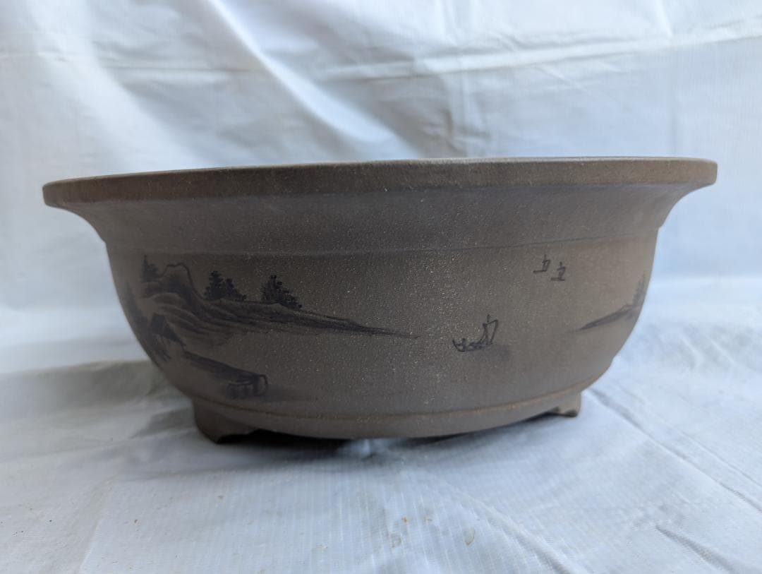 大型 盆栽鉢 山水図 楕円鉢 外寸50×40.5cm 高さ14.5cm　無銘