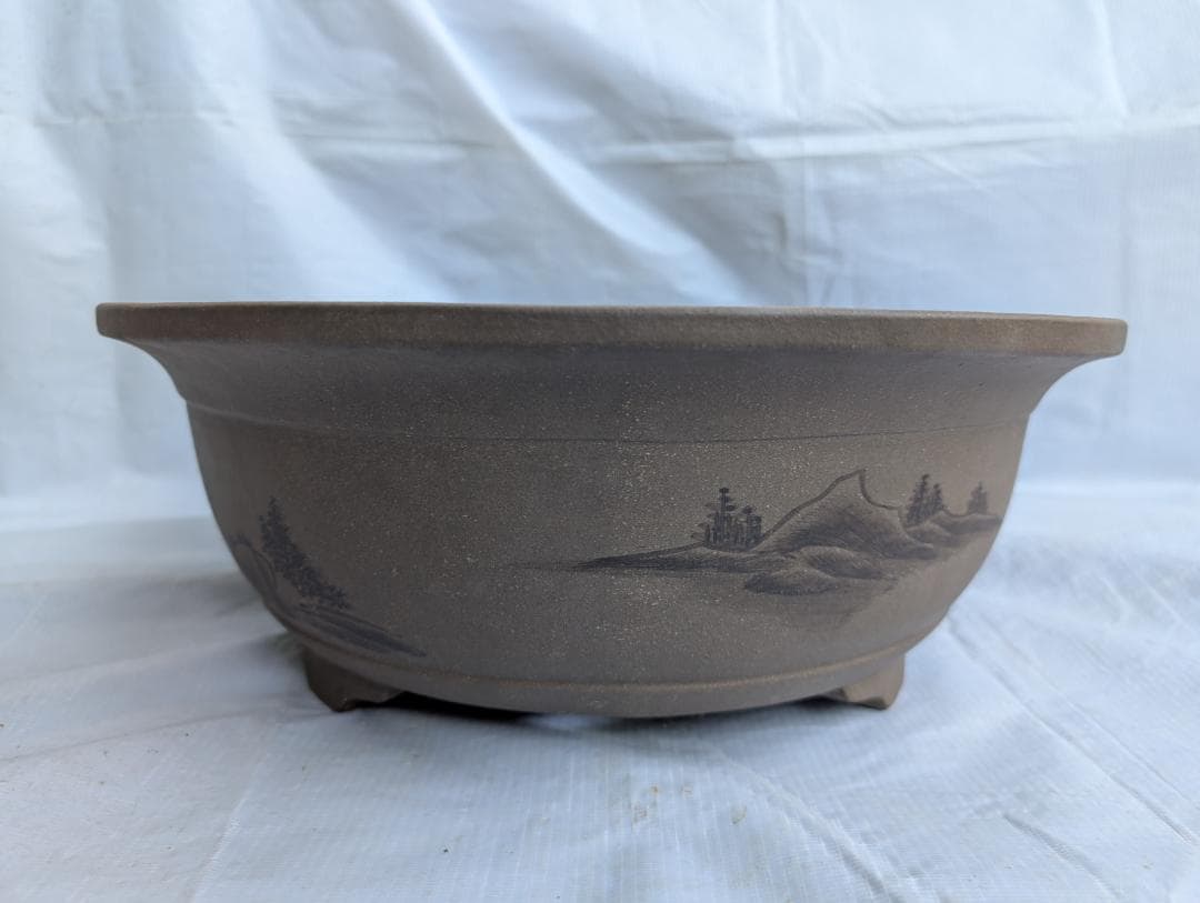 大型 盆栽鉢 山水図 楕円鉢 外寸50×40.5cm 高さ14.5cm　無銘