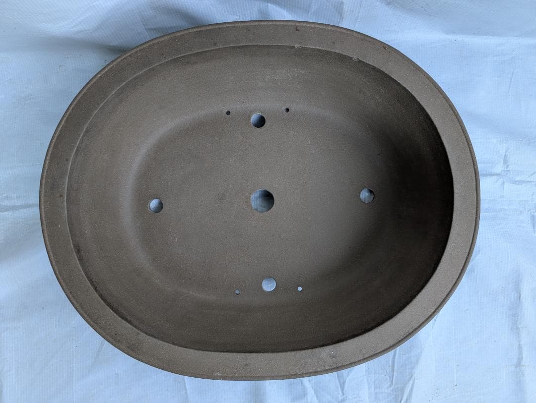 大型 盆栽鉢 山水図 楕円鉢 外寸50×40.5cm 高さ14.5cm　無銘