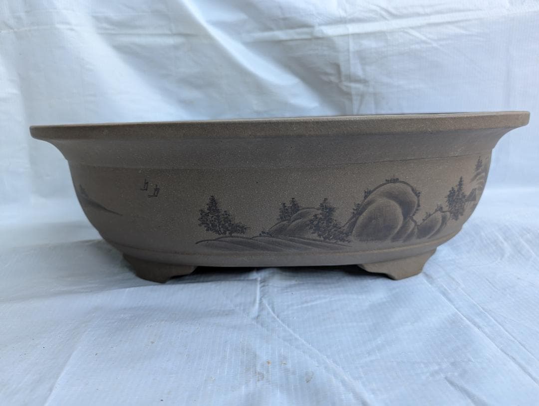 大型 盆栽鉢 山水図 楕円鉢 外寸50×40.5cm 高さ14.5cm　無銘