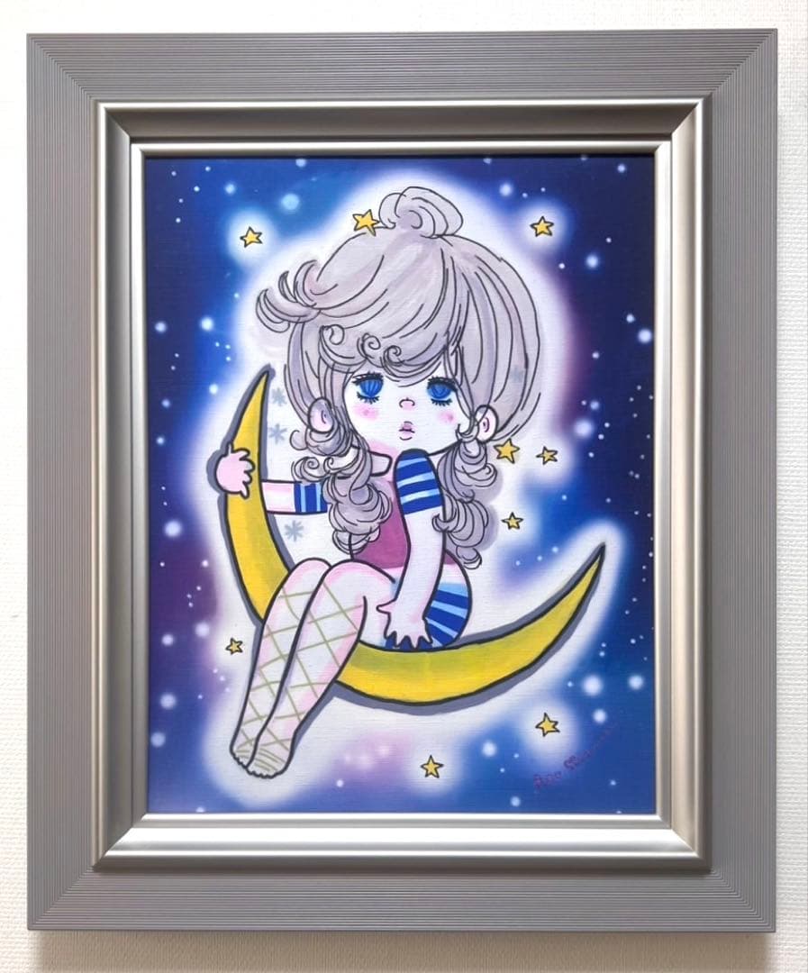F6号】水森亜土（お月様）手描き/表裏サイン有/油彩/アクリル/絵画