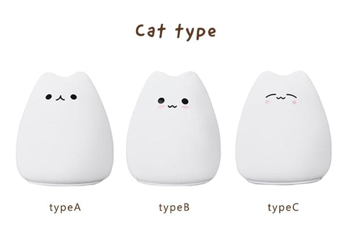 キャットシリコンライト 表情3種 電池式 光7色 頭タップ モード切替 可愛い♡
