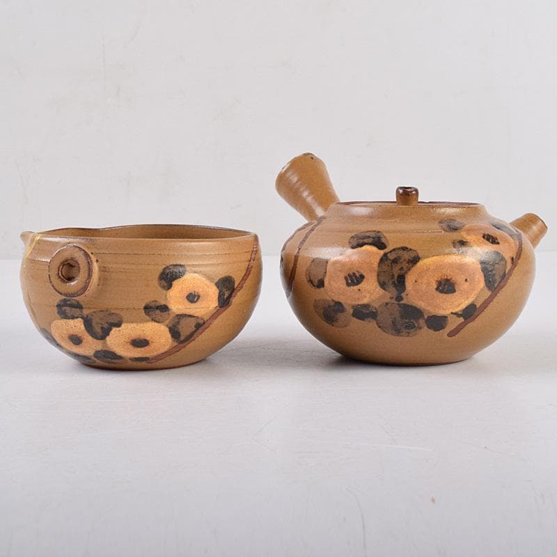 佐渡無名異焼 常山焼 三浦常山造 茶葉釉椿画 茶器揃 共箱 M R9003