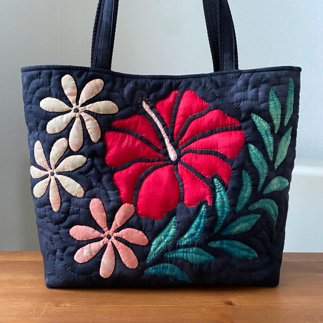 ハワイアンキルト◆トートバッグ◆ハイビスカス、ティアレ◆ハンドメイド