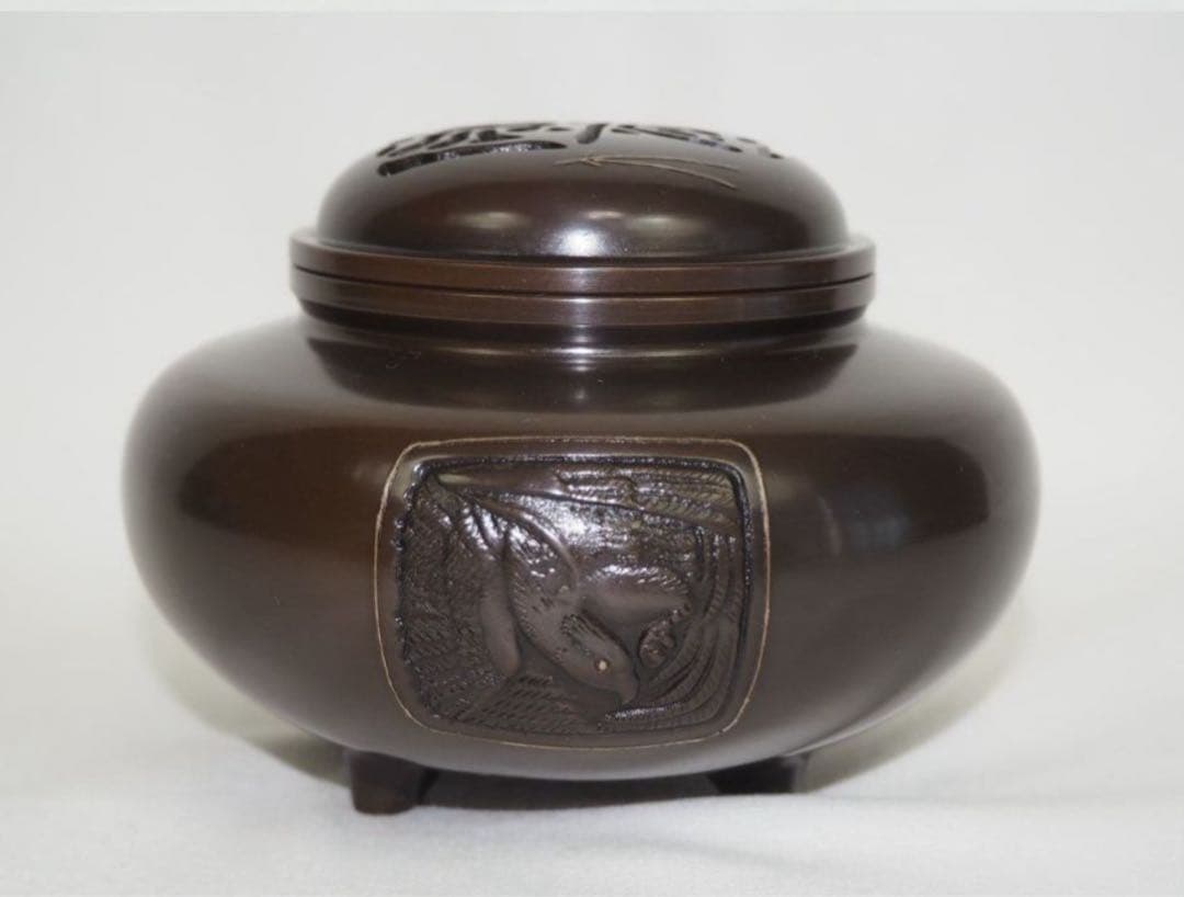 送料無料　瑞峰造　銅製象嵌鶴文香炉　未使用