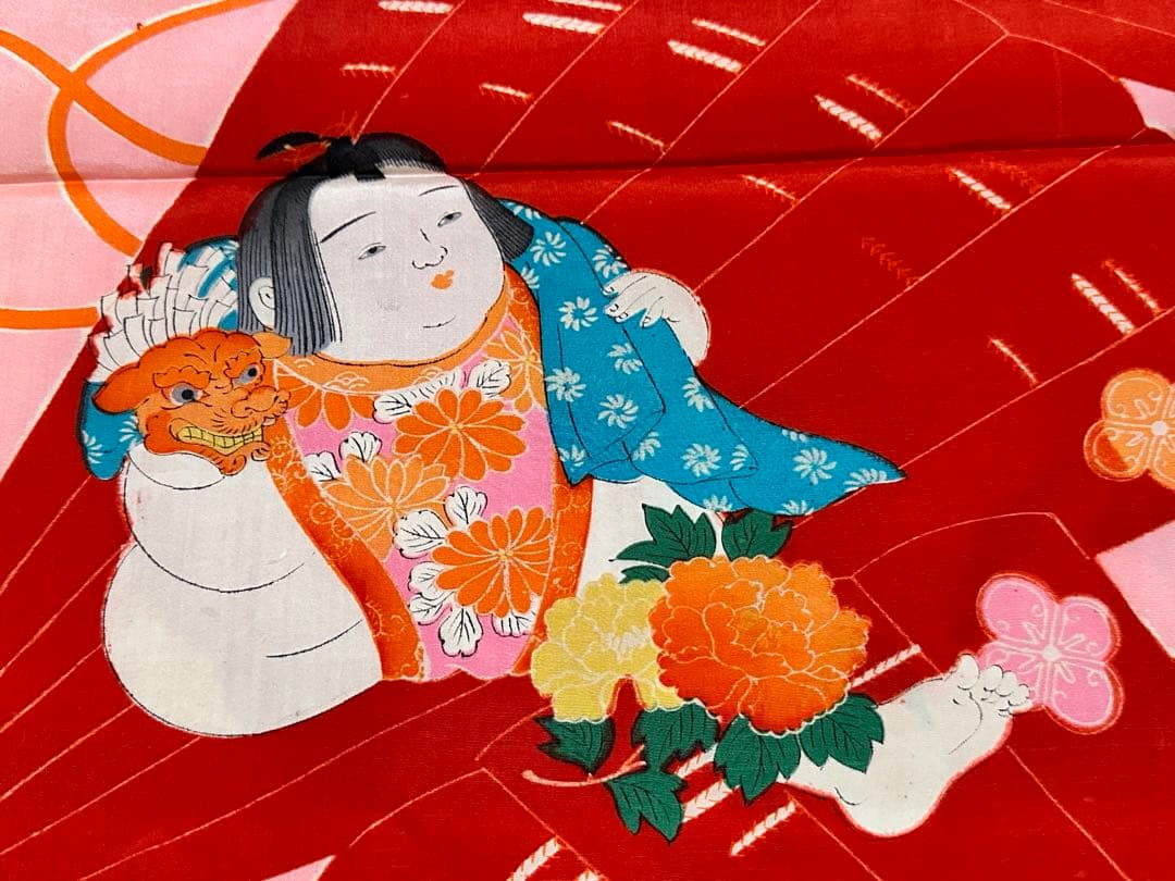 希少 アンティーク 正絹反物 唐子 扇 文様 羽二重 平絹 子供着物