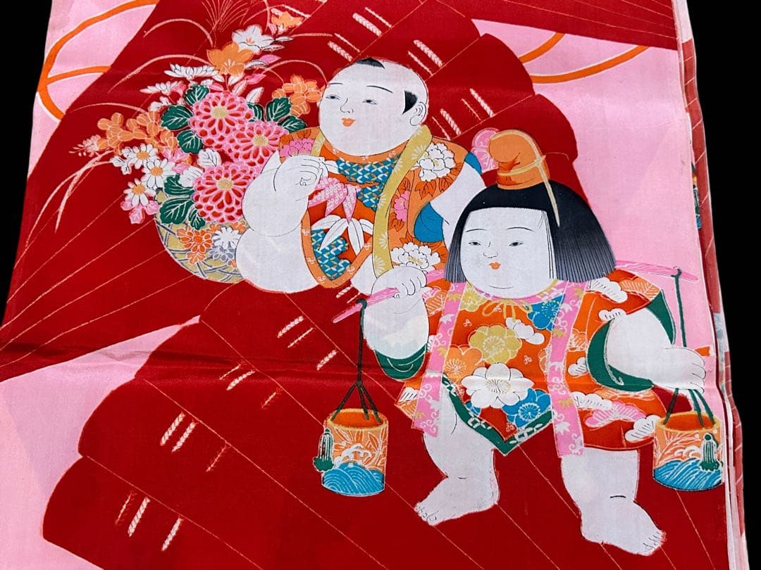 希少 アンティーク 正絹反物 唐子 扇 文様 羽二重 平絹 子供着物