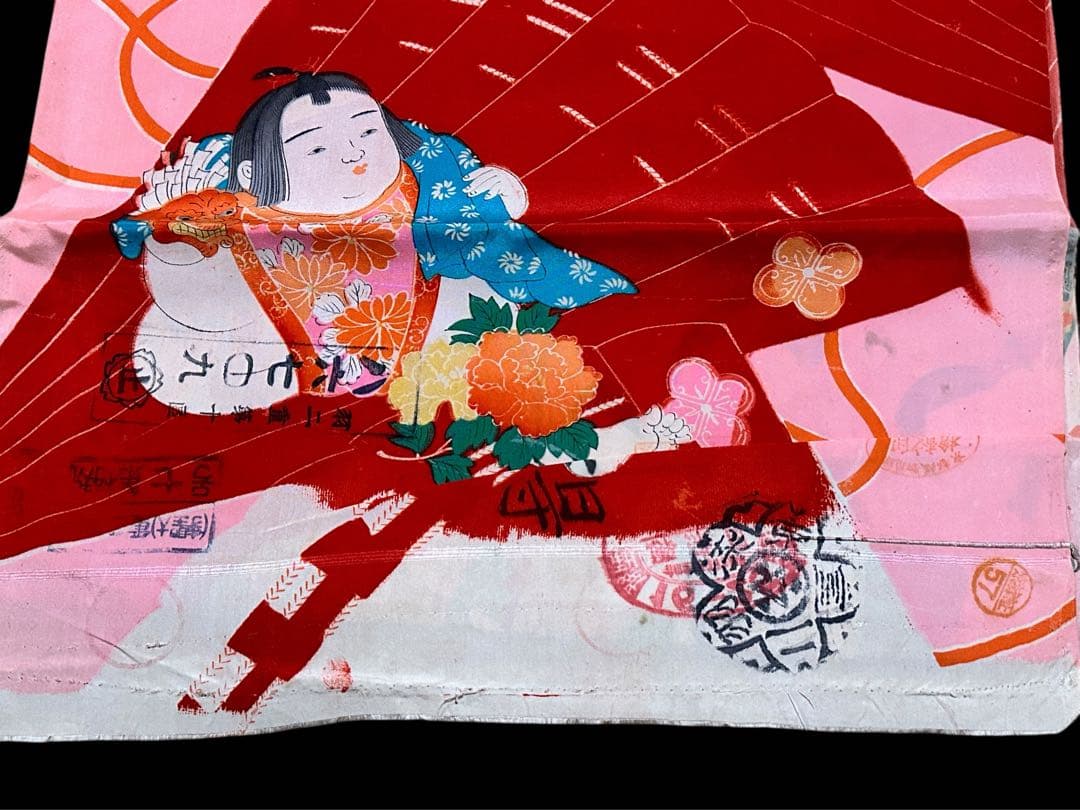 希少 アンティーク 正絹反物 唐子 扇 文様 羽二重 平絹 子供着物