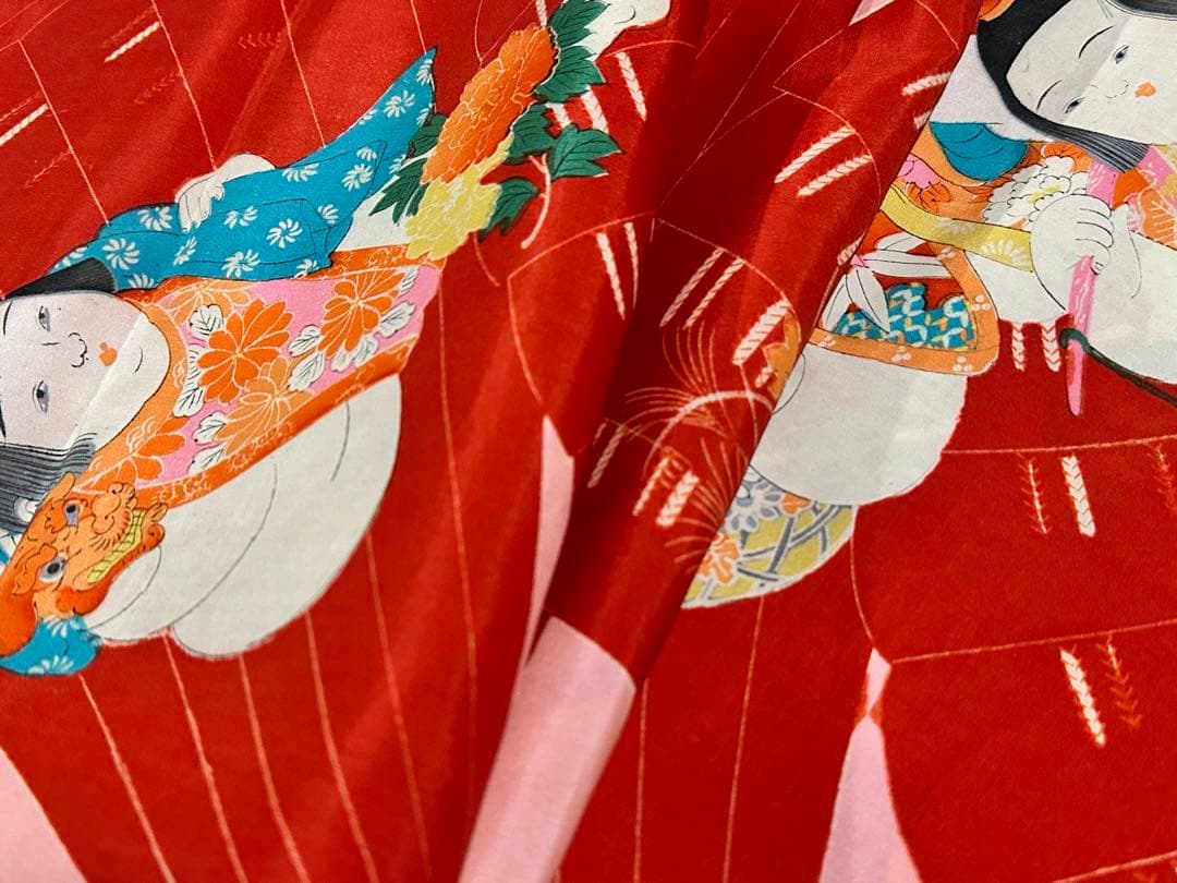 希少 アンティーク 正絹反物 唐子 扇 文様 羽二重 平絹 子供着物