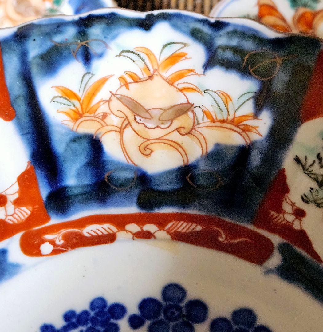 明治時代　古伊万里【肥蝶山製】錦手　サザエに兎の図　鎬造り　22.4cm皿　5客