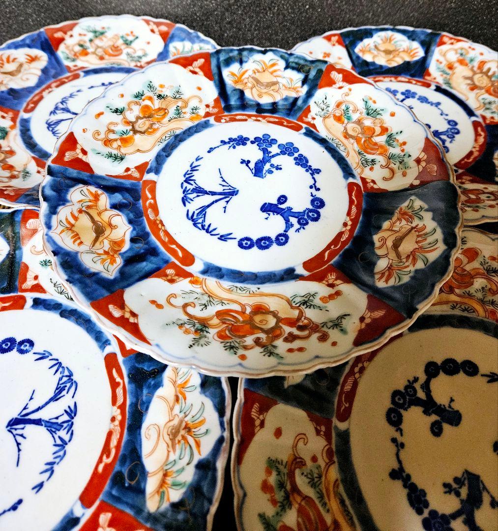 明治時代　古伊万里【肥蝶山製】錦手　サザエに兎の図　鎬造り　22.4cm皿　5客