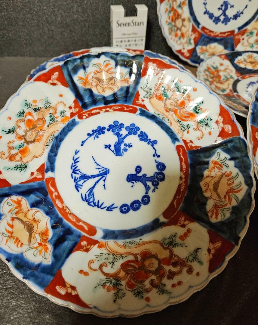 明治時代　古伊万里【肥蝶山製】錦手　サザエに兎の図　鎬造り　22.4cm皿　5客