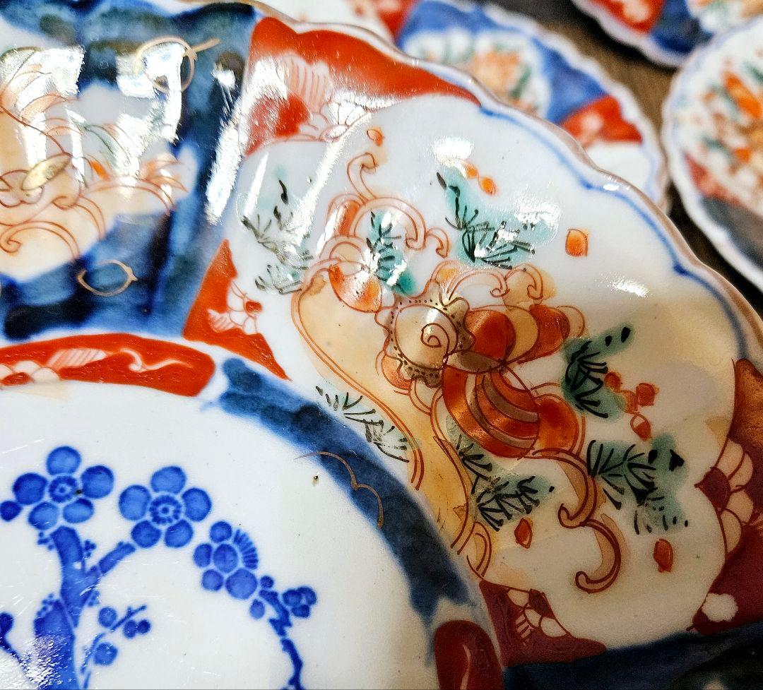 明治時代　古伊万里【肥蝶山製】錦手　サザエに兎の図　鎬造り　22.4cm皿　5客