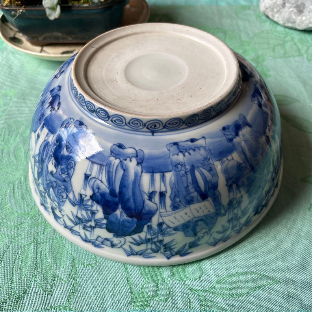 古伊万里　染付　唐子　竹林七賢人図　中深鉢　陶磁器