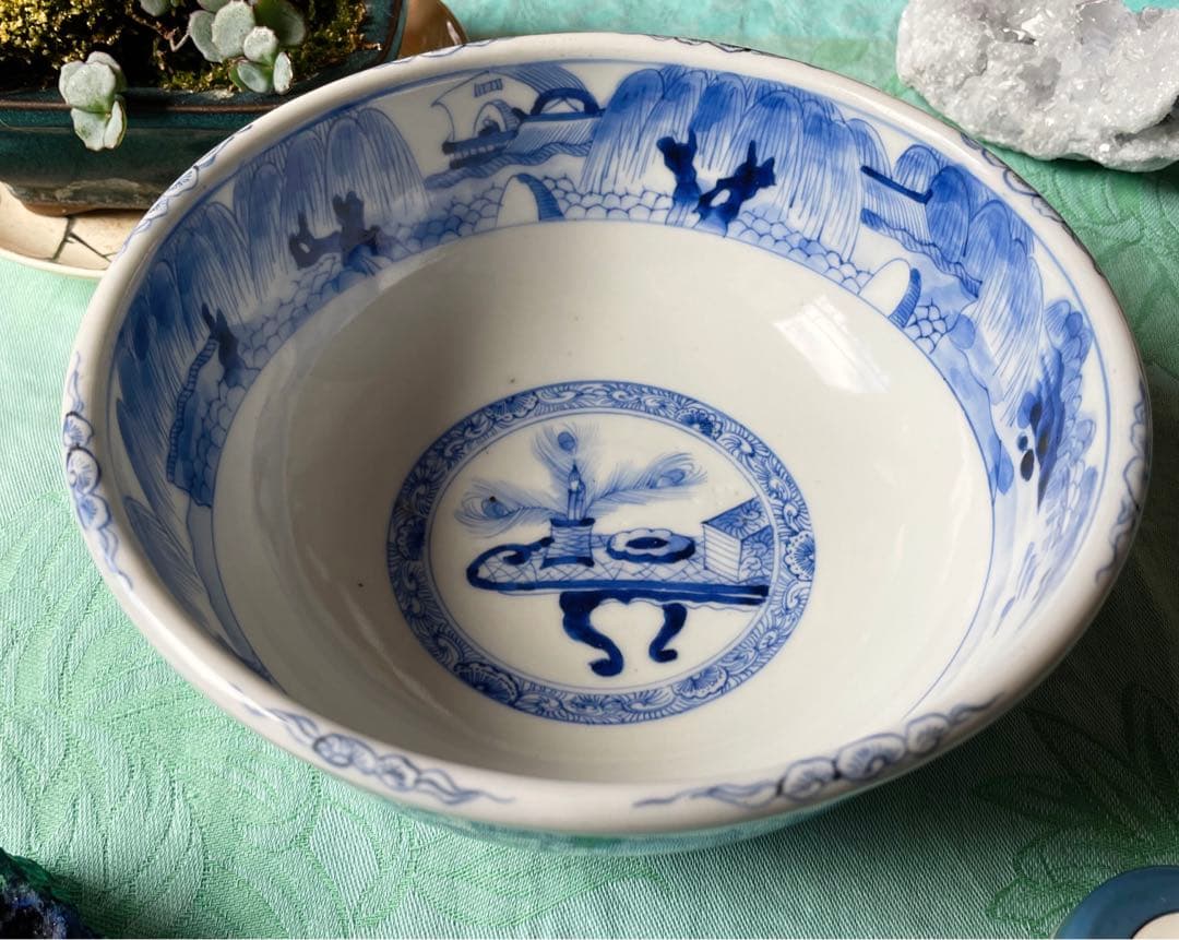 古伊万里　染付　唐子　竹林七賢人図　中深鉢　陶磁器
