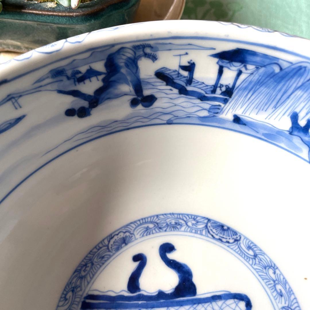 古伊万里　染付　唐子　竹林七賢人図　中深鉢　陶磁器