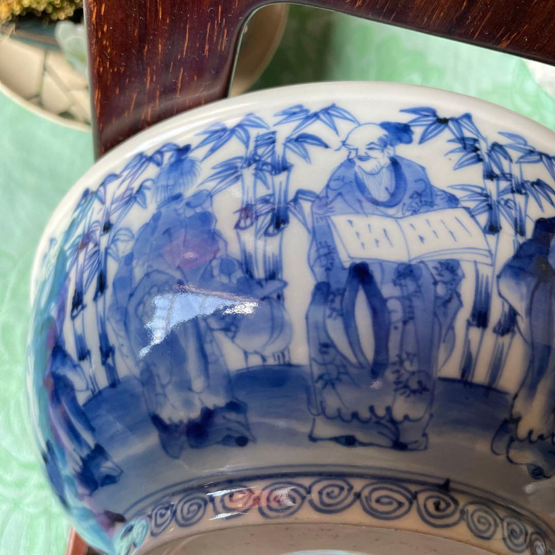 古伊万里　染付　唐子　竹林七賢人図　中深鉢　陶磁器