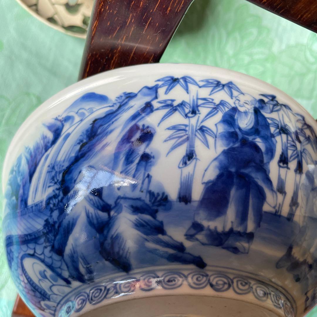 古伊万里　染付　唐子　竹林七賢人図　中深鉢　陶磁器