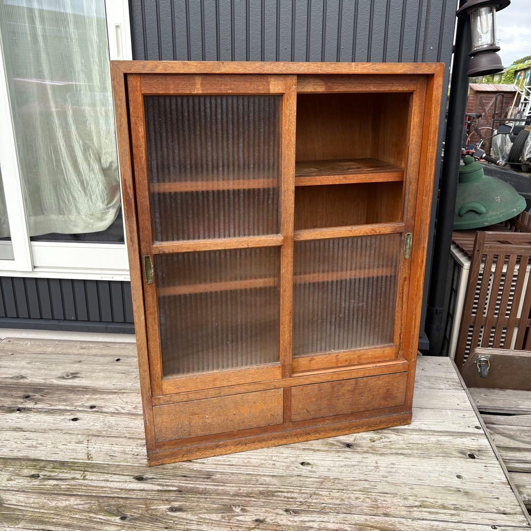 昭和レトロ 古家具 モザイクガラス戸 木製キャビネット 食器棚 サイドボード