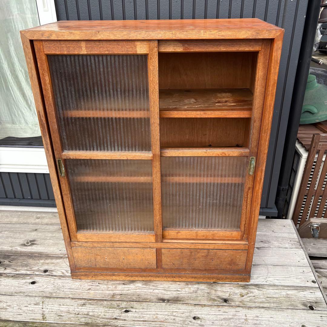 昭和レトロ 古家具 モザイクガラス戸 木製キャビネット 食器棚 サイドボード