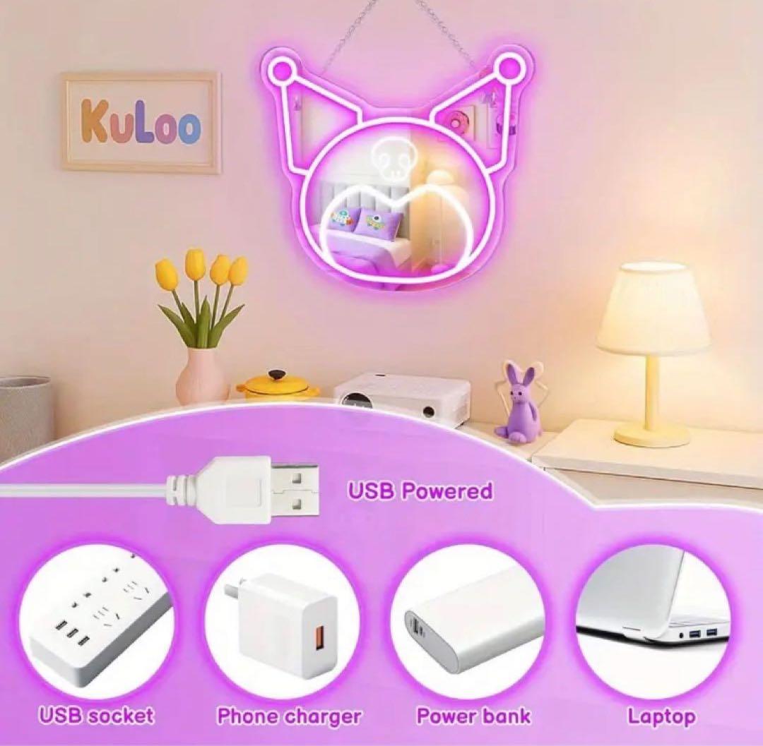 ネオン　クロミ　ミラー　LED 壁掛け鏡　調光可能　USB給電　かわいい