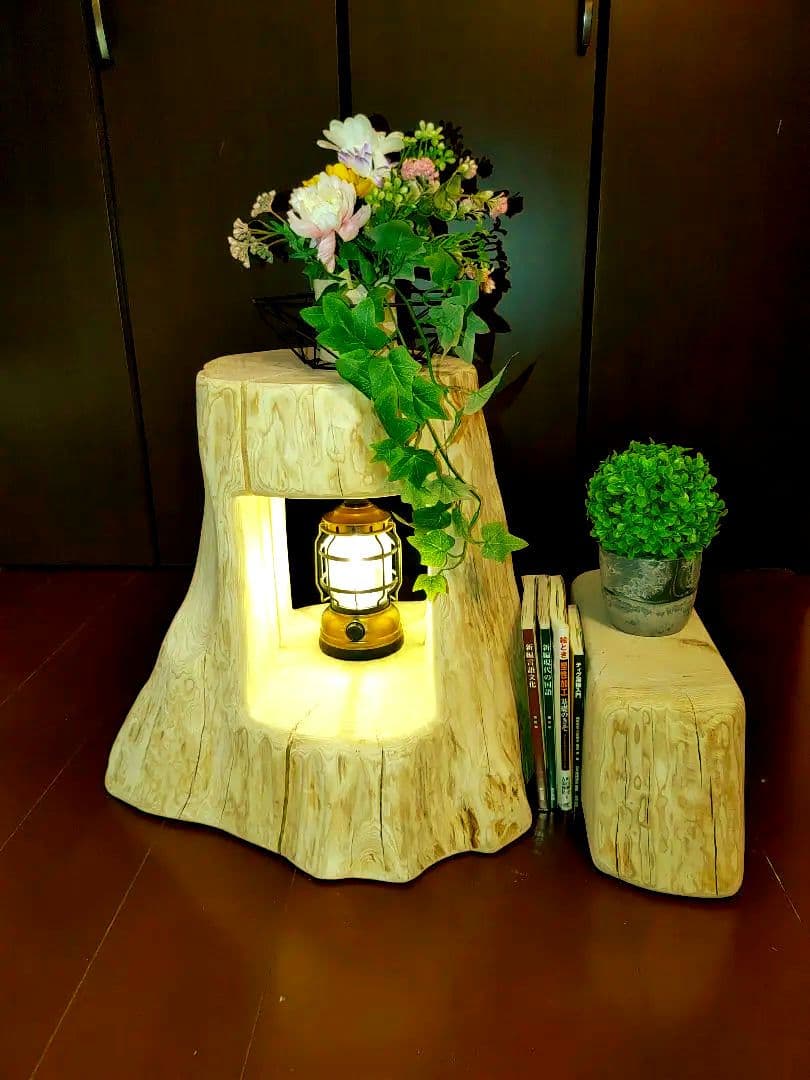 大型 切り株 ひのき くりぬき 親子 本立て 椅子 スツール テーブル高46cm