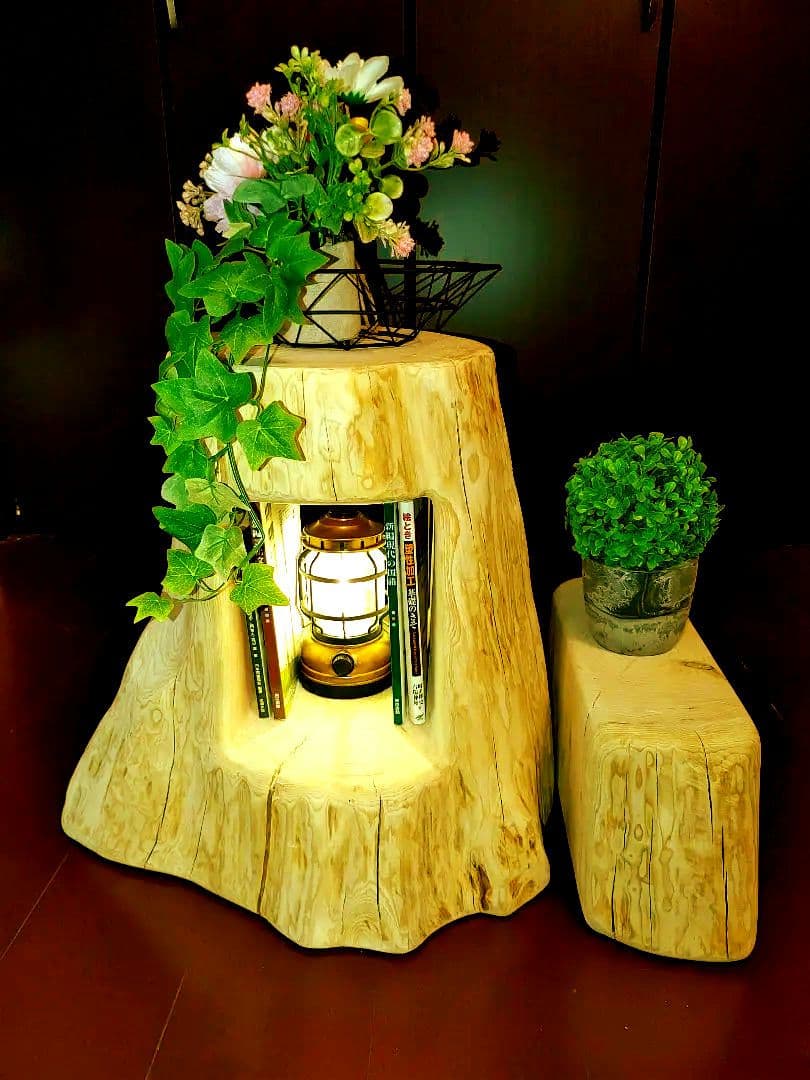 大型 切り株 ひのき くりぬき 親子 本立て 椅子 スツール テーブル高46cm