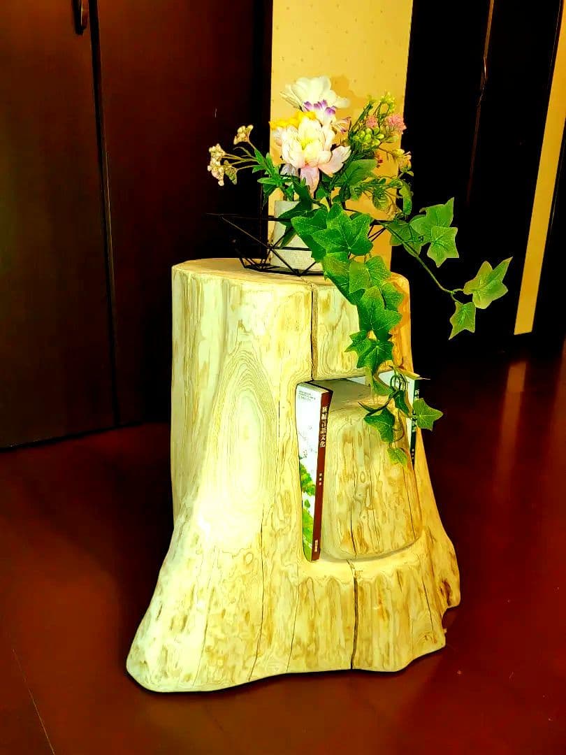 大型 切り株 ひのき くりぬき 親子 本立て 椅子 スツール テーブル高46cm