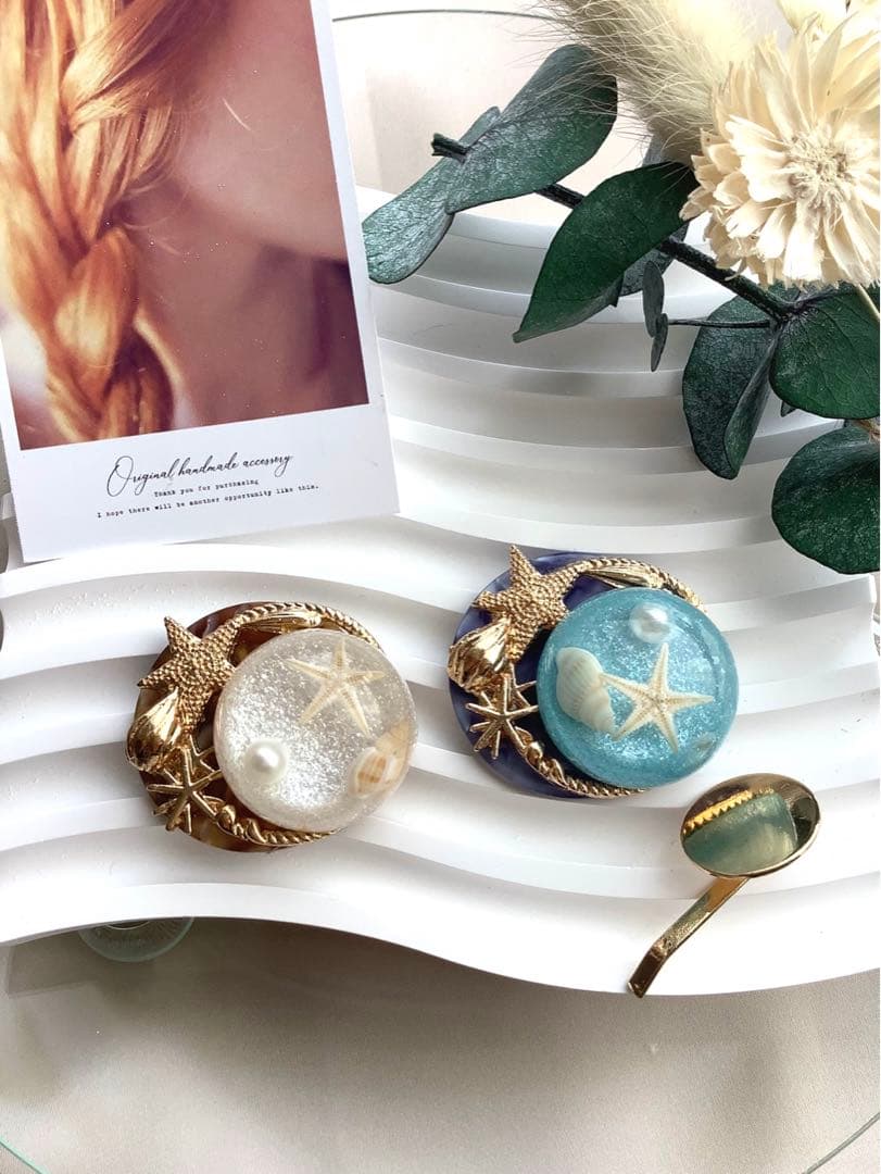 専用☆ 再販✧‧˚水色の砂浜(ブルー) 貝殻リング ハンドメイドポニーフック