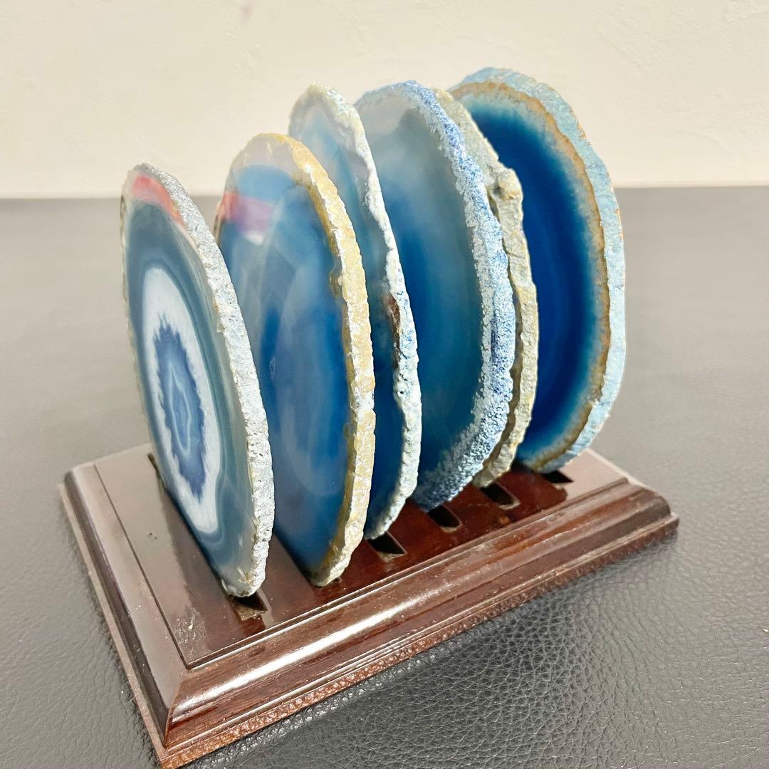 【まとめて6点セット】天然石 瑪瑙板 メノウ板 青色 メノウプレート 置物